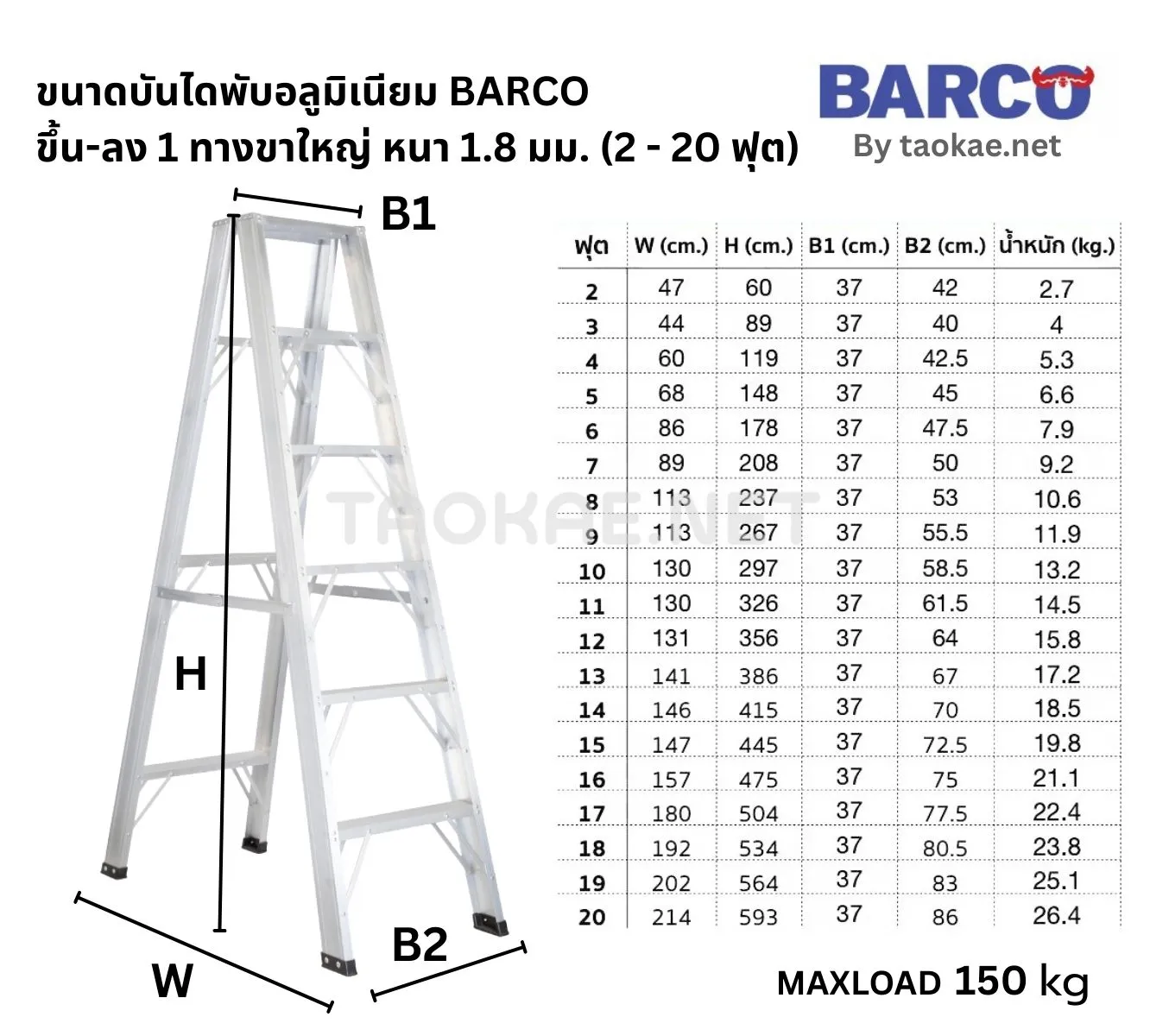 ขนาดบันไดพับอลูมิเนียม BARCO ขึ้น-ลง 1 ทางขาใหญ่