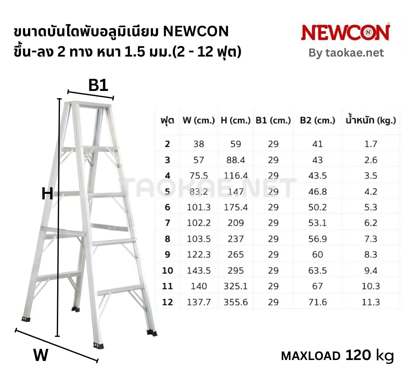 ตารางขนาด บันไดพับอลูมิเนียม NEWCON ขึ้น-ลง 2 ทาง