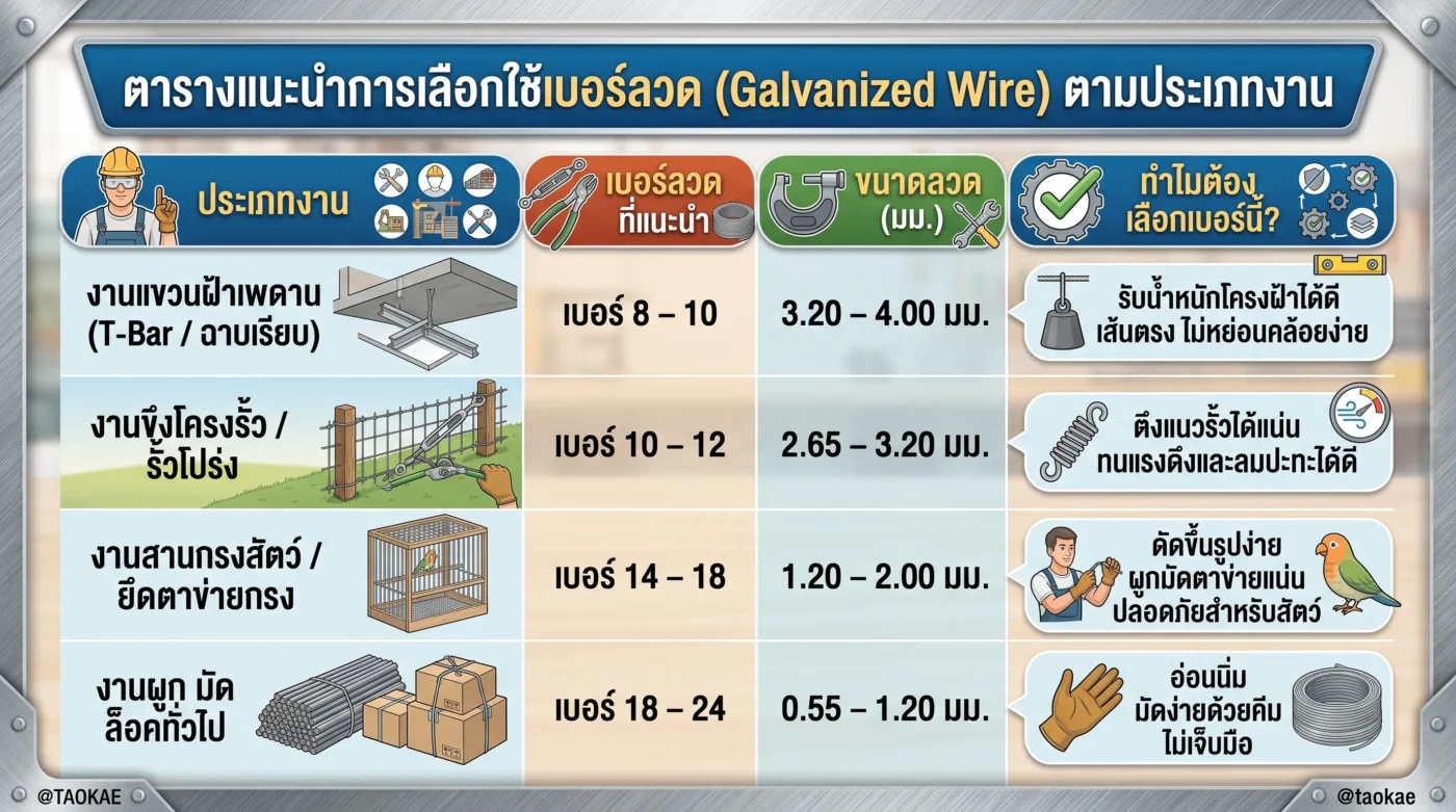 ลวดชุบขาว ตารางแนะนำการเลือกใช้เบอร์ลวด